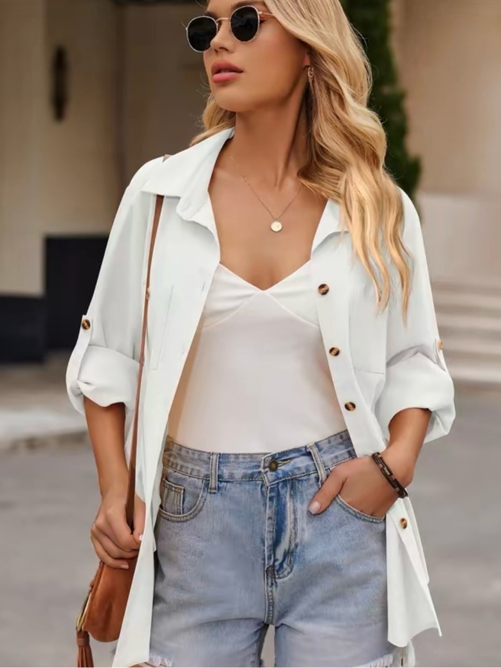 Elegant Minimalist Casual Wide-Leg Pants + Button Shirt - White New Boutique - Picture 4 of 6